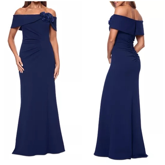 XSCAPE Navy Blue Off Shoulder Ruched Floor Length Evening Gown Dress Size 6 - Picture 1 of 13